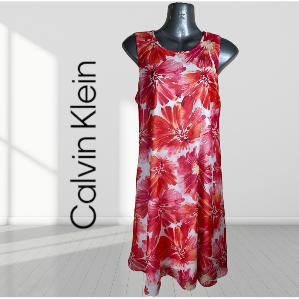 Calvin Klein Womens Red Floral Sleeveless Dress Size Medium